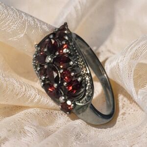 Vintage Garnet Ring Sterling Silver 925 Marquise Cluster Boho Statement Size 7